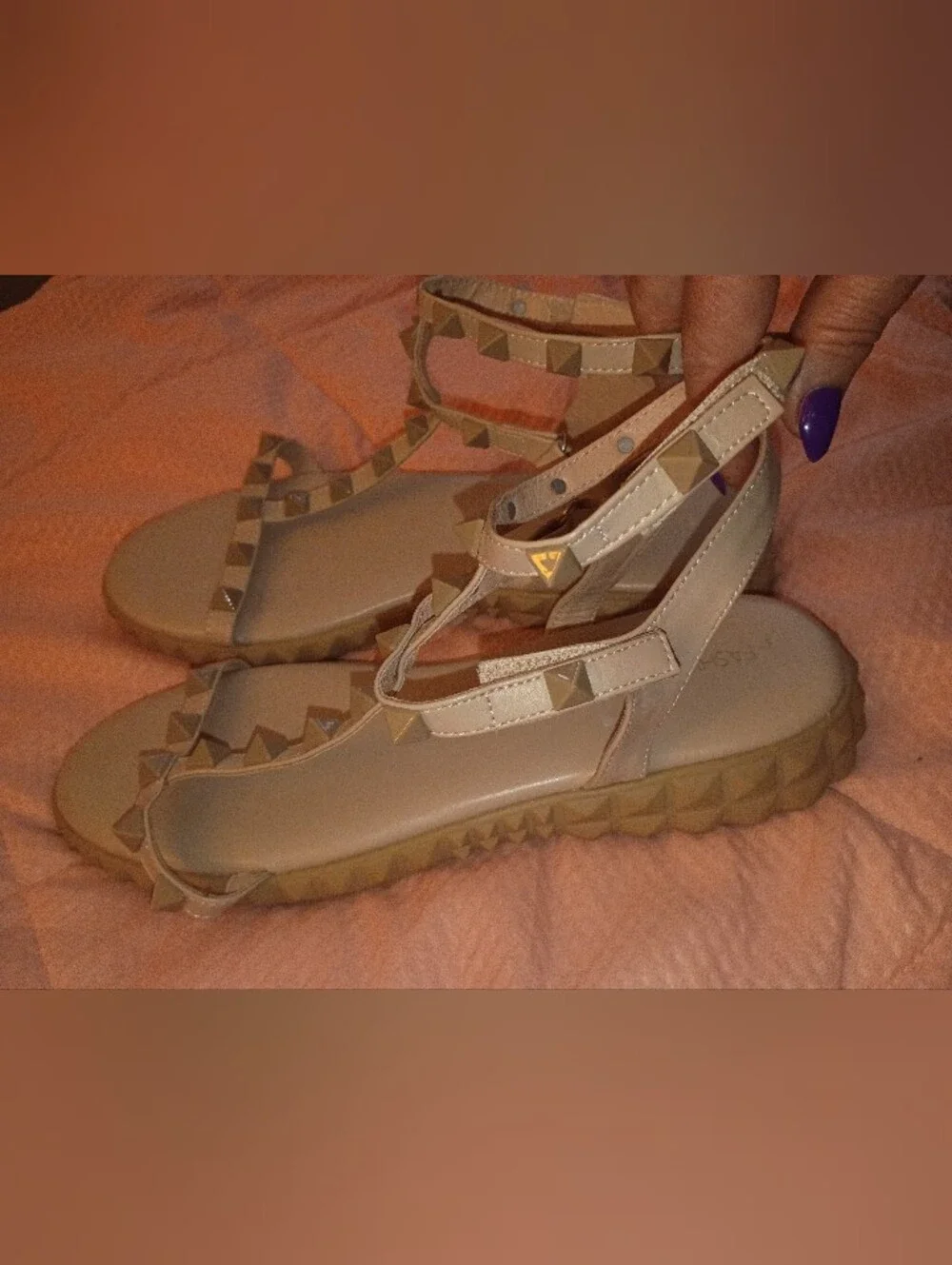 Fashion Nova Beige Studded T-Strap Sandals - Women